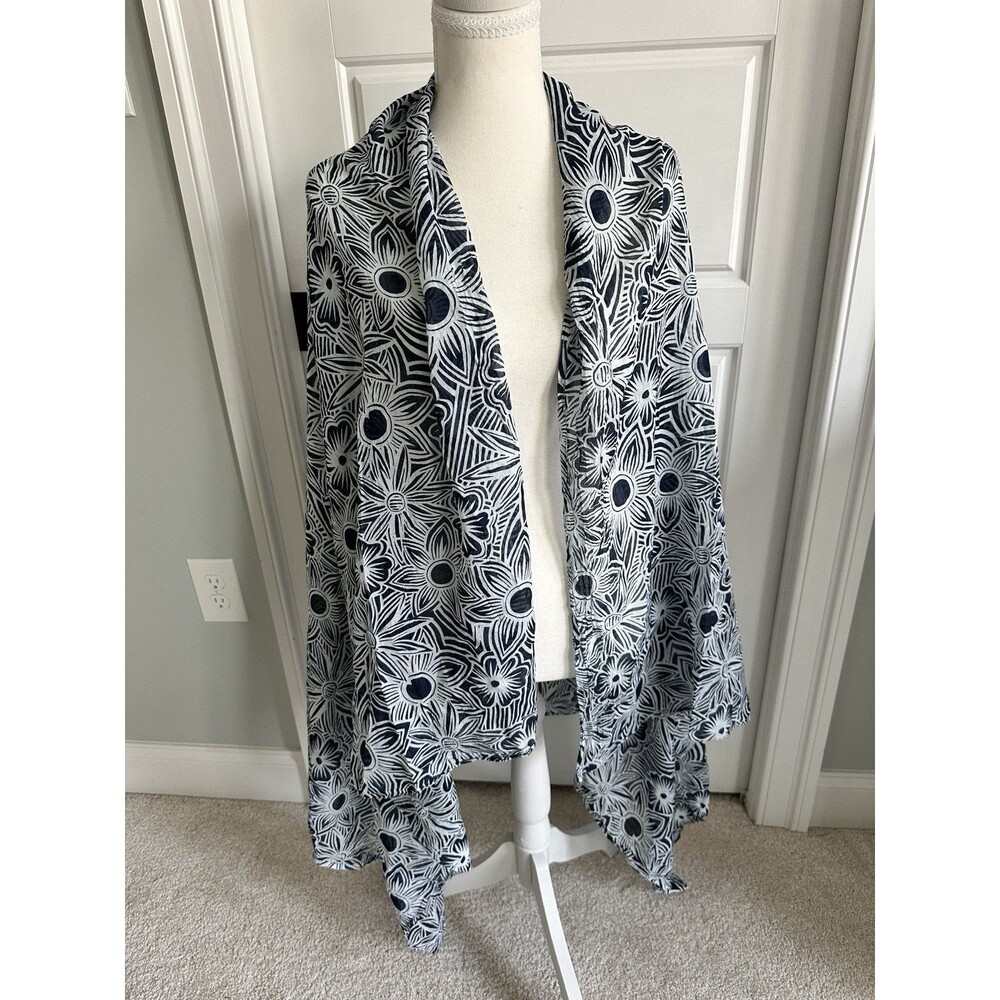 Terre Rouge France Navy & White Floral Oversized Airy Scarf Wrap Sarong Boho